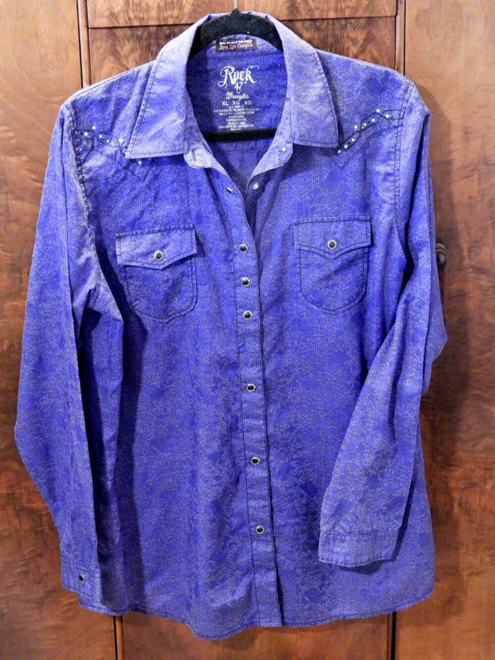 Rock 47 by Wrangler Women’s XL Purple Rhinestone Western Snap Shirt Cowgirl